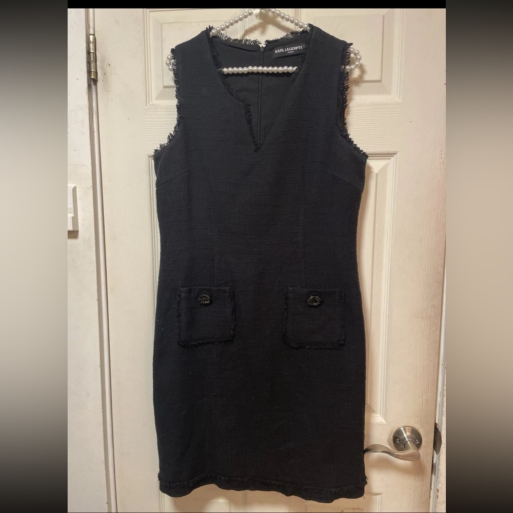 Karl Lagerfeld Dress Women’s Size 4/6 Black Tweed Sheath Sleeveless Knit EUC